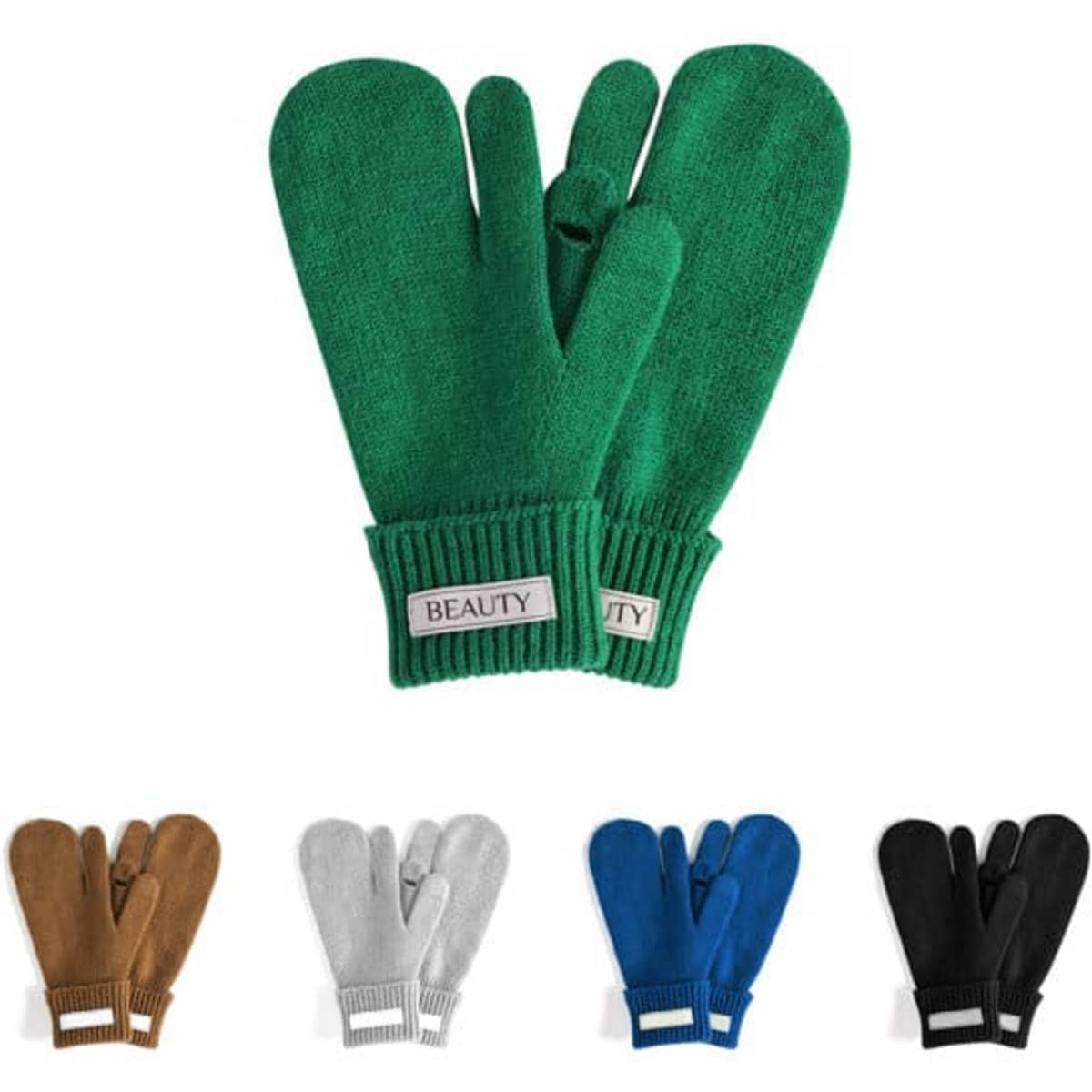 Wool knitted three-finger gloves in green, with additional pairs in brown, grey, blue, and black. Features a logo.