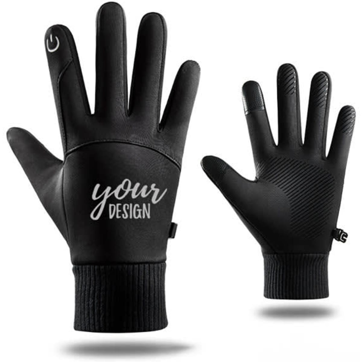 Touchscreen gloves for cycling in black, featuring a textured grip and a design area. Includes a logo on the wrist.