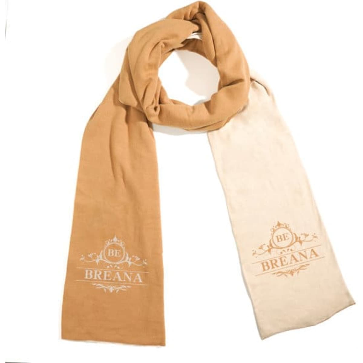 A double-sided scarf in tan and cream, featuring a logo. Suitable for winter wear.