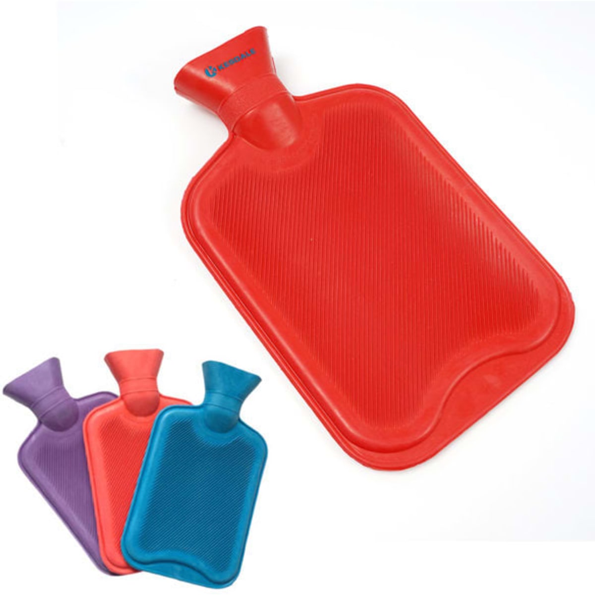 A rubber hot water bag in red, blue, and purple, featuring a textured surface and a moulded top. Includes branding.