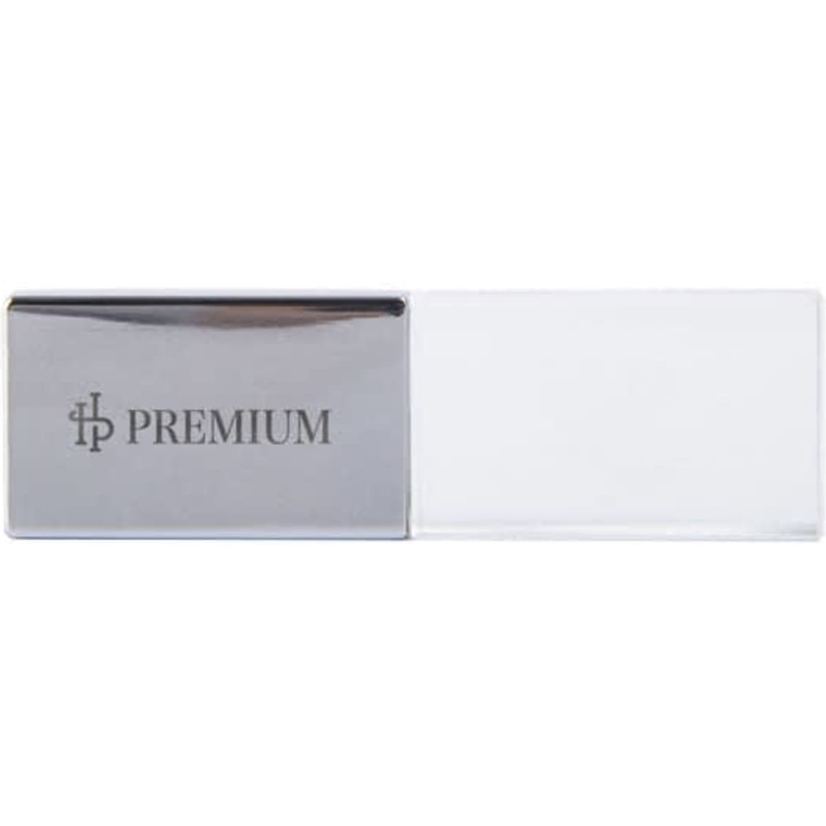 A sleek, silver and clear 2GB engraved crystal USB flash drive featuring a logo.