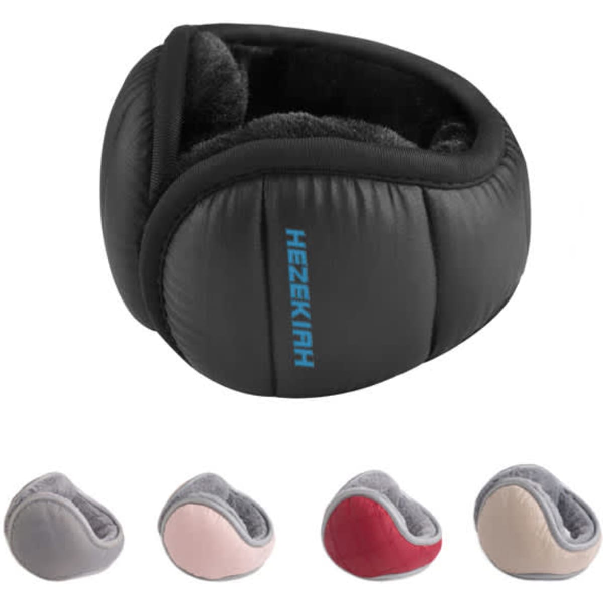 A foldable down ear warmer in black, featuring a soft interior, with additional options in grey, pink, and red.