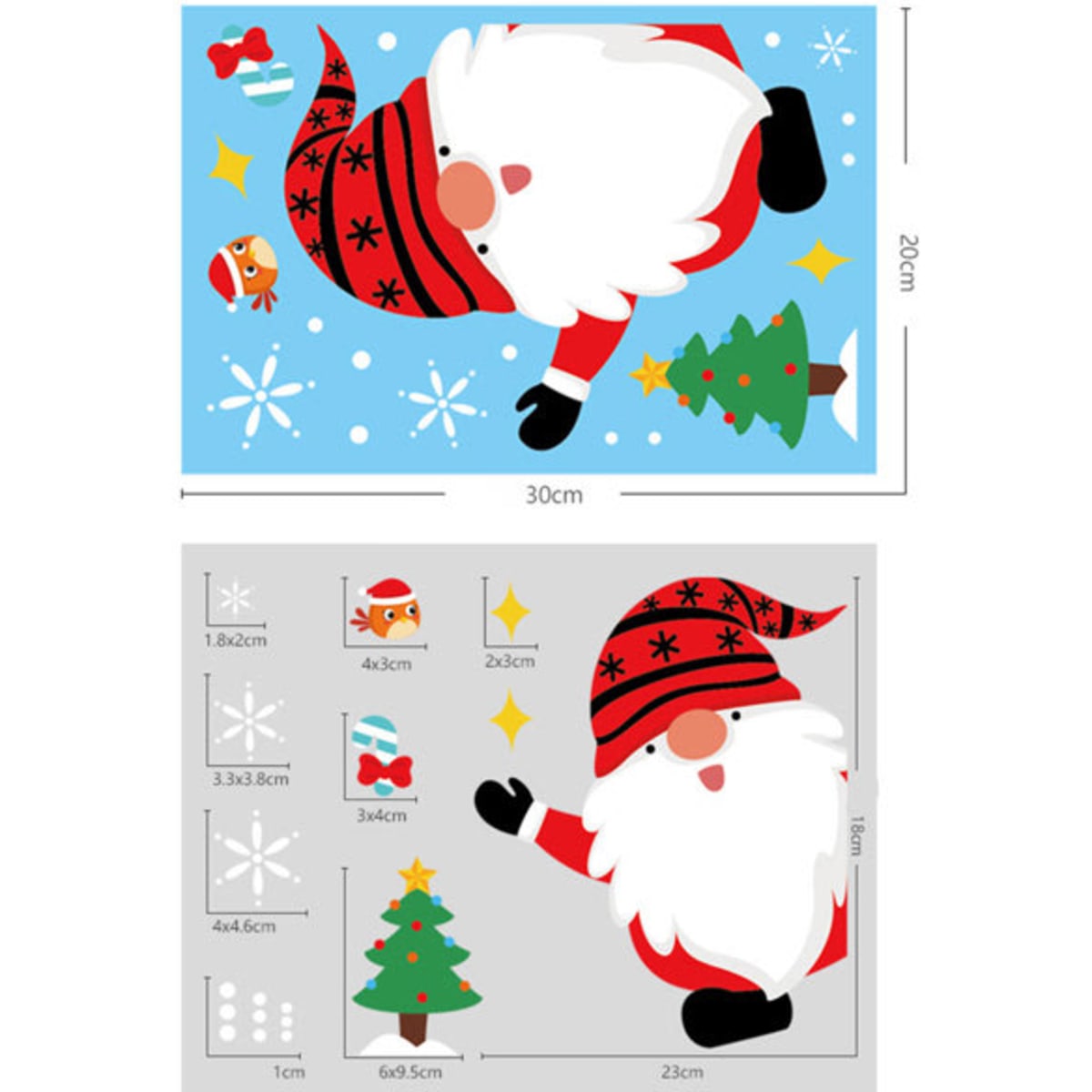 A set of colourful Christmas window stickers featuring a cheerful Santa, a tree, and festive decorations. Contains multiple sizes.