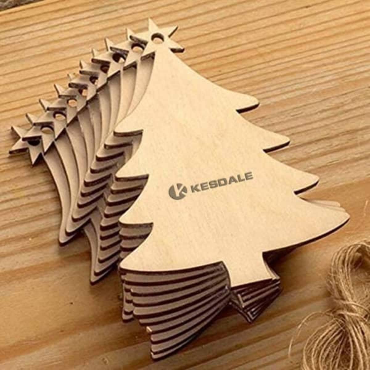 A set of wooden Christmas tree-shaped hanging ornaments in a light brown finish, featuring a branding logo.