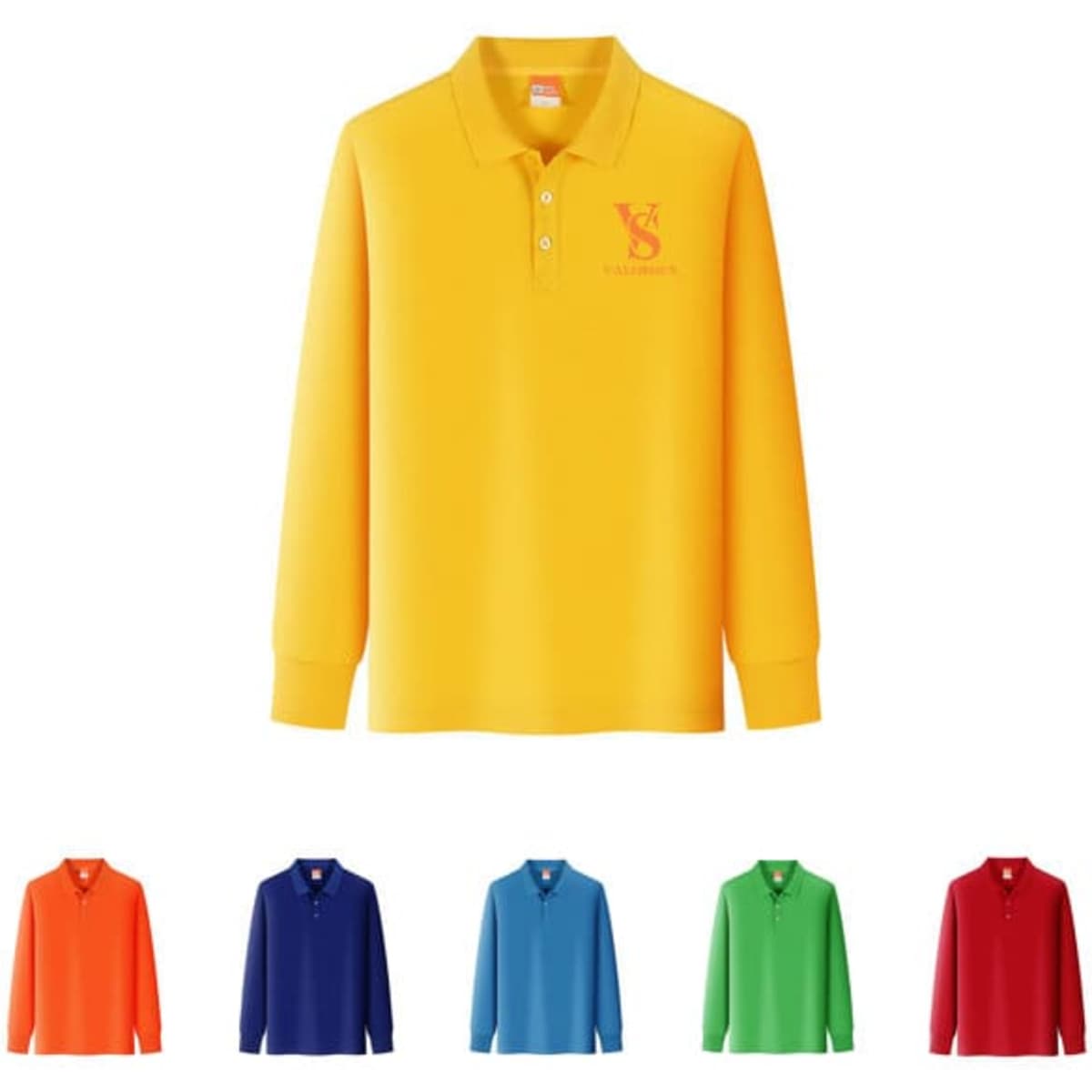 A long sleeve polo shirt in vibrant yellow, with a logo, displayed alongside options in orange, navy, blue, green, and red.