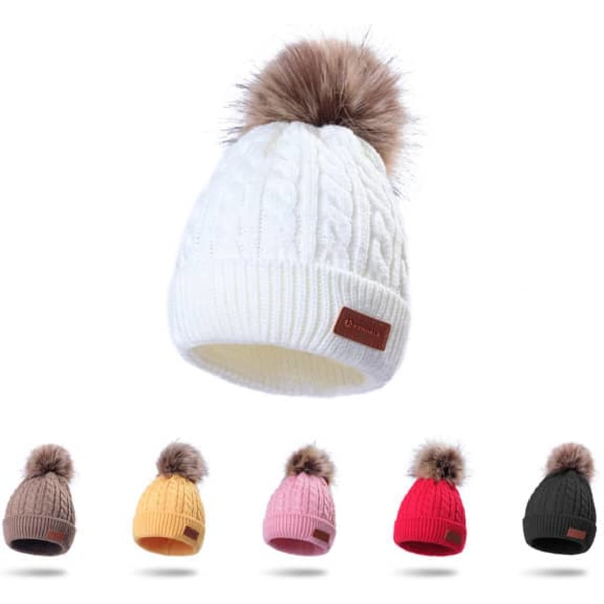 A white cable knit beanie with a fluffy pom pom, featuring additional beanie options in brown, yellow, pink, red, and black.