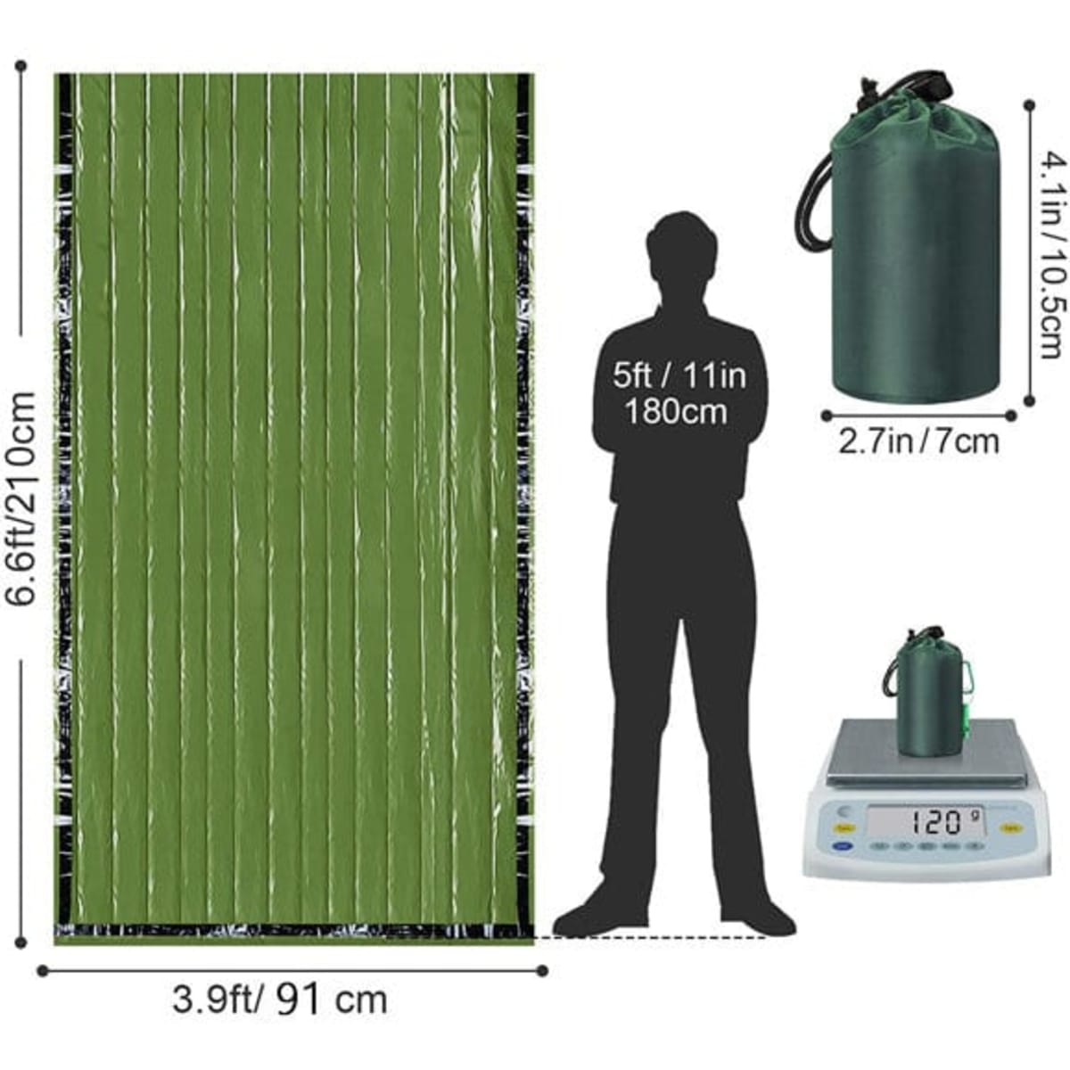 A portable emergency sleeping bag in green, alongside a compact dry bag and a measuring scale with dimensions.