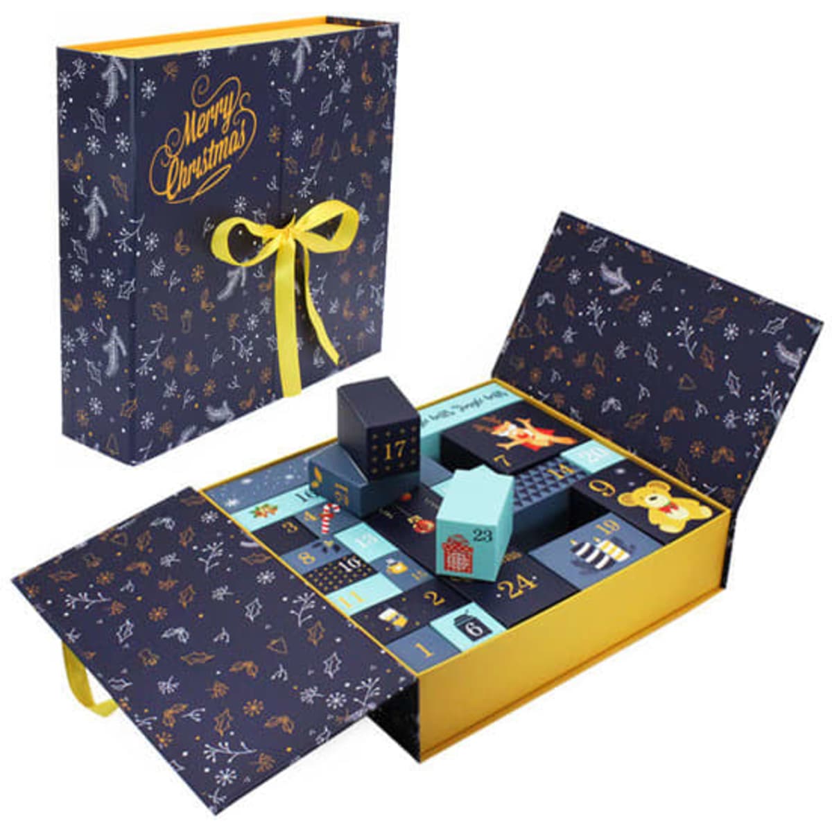 A decorative blue and yellow Christmas advent calendar opens to reveal numbered compartments with a festive design.