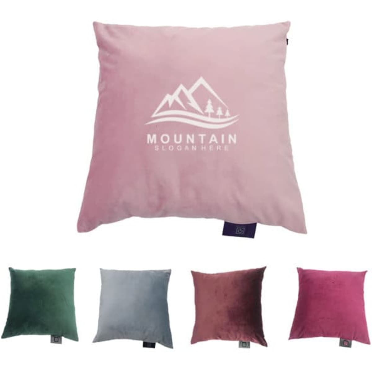 A square electric heated pillow in pink, with a mountain design. Available in green, blue, burgundy, and darker pink options.