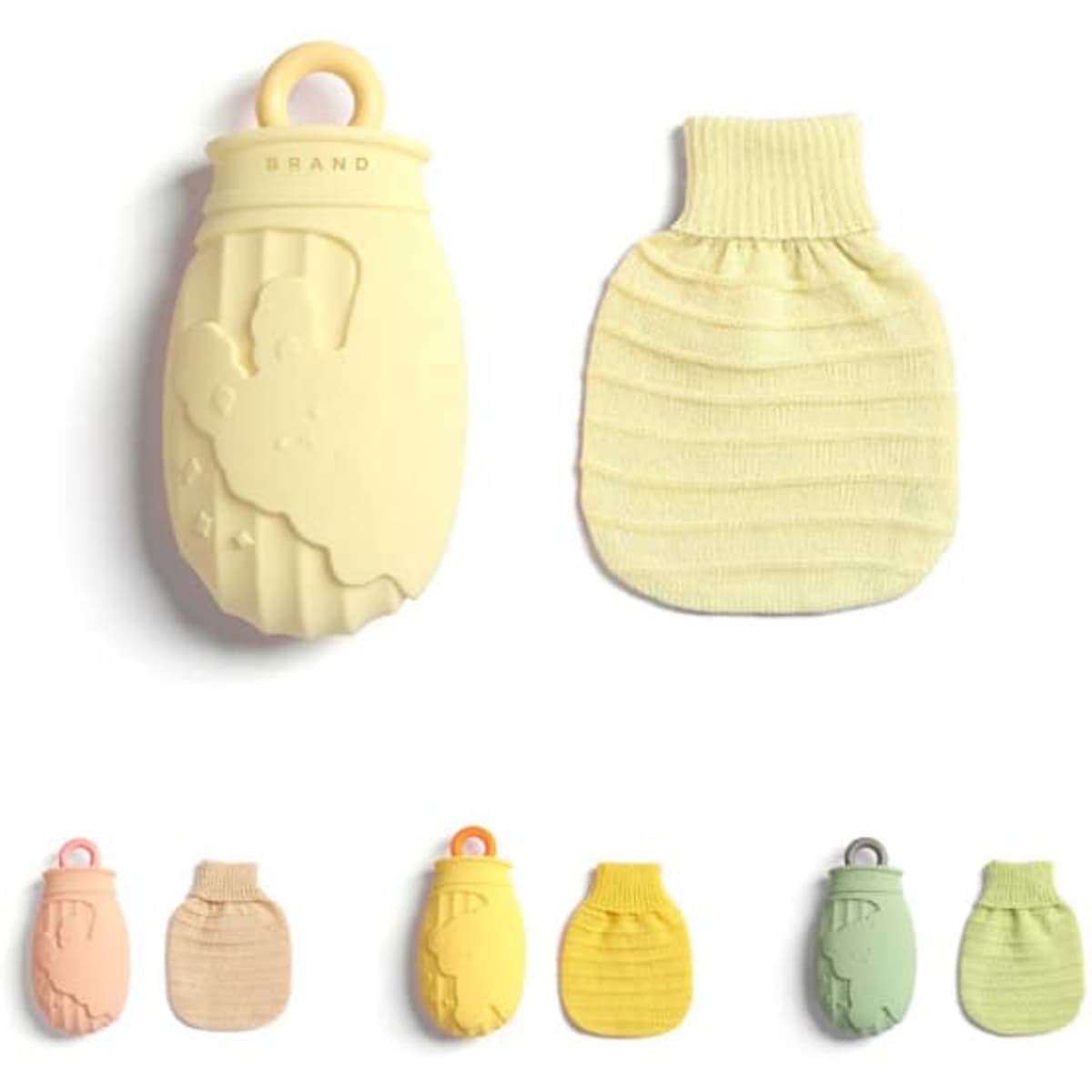 A cute silicone hot water bottle in pastel colours with a knitted sleeve, featuring a logo on the bottle.