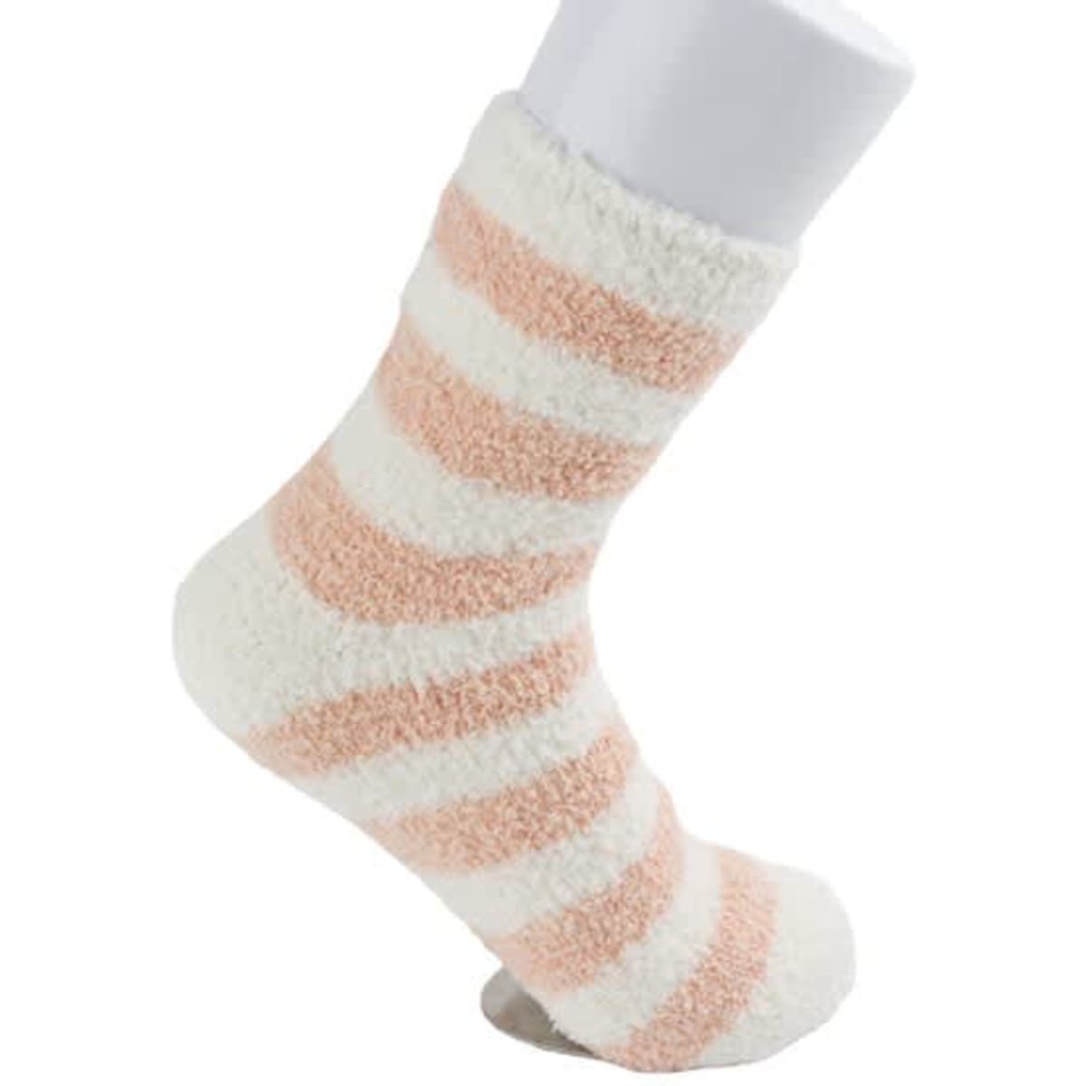 A pair of coral and cream striped floor socks displayed on a white sock model. The socks feature a soft, fluffy texture.