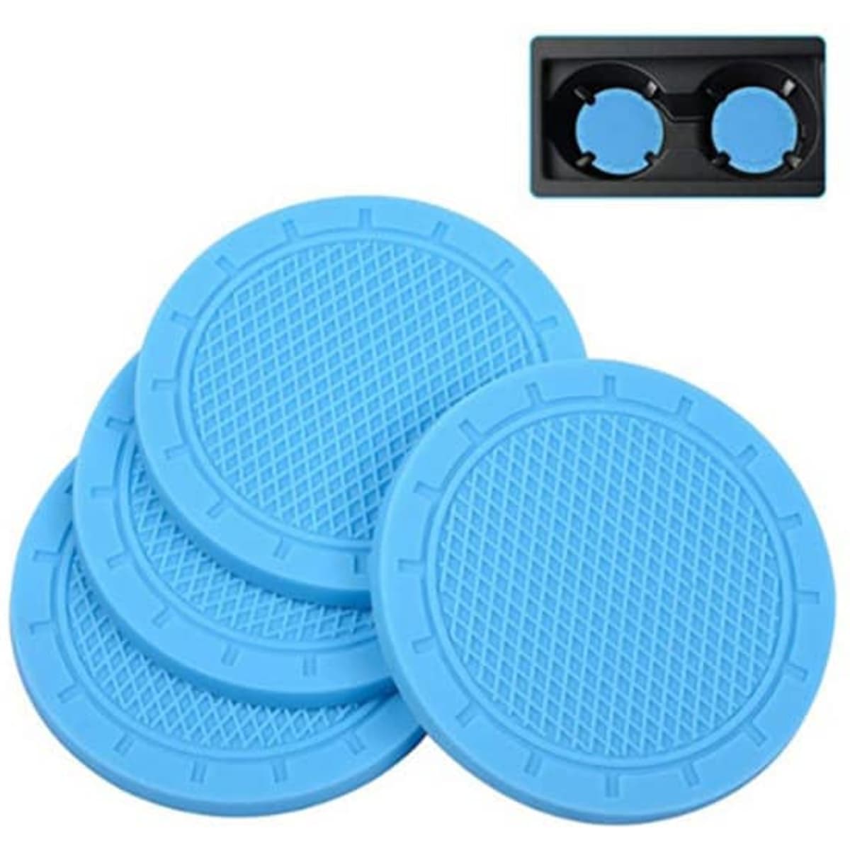 Four blue PVC car coasters arranged next to a black holder, featuring a textured surface.