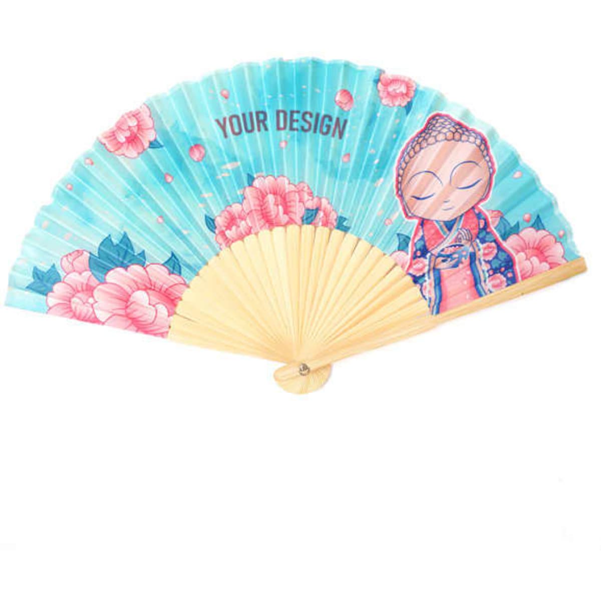 A bamboo folding fan featuring a vibrant design with flowers and a serene figure, predominantly in blue and pink tones.