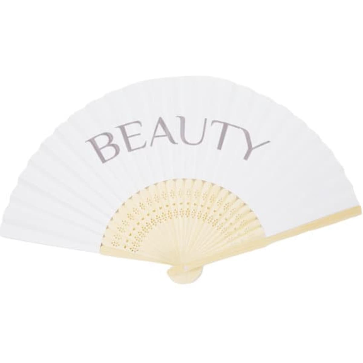 A white folding fan with bamboo ribs and a cream trim, featuring the word "BEAUTY" across the front.