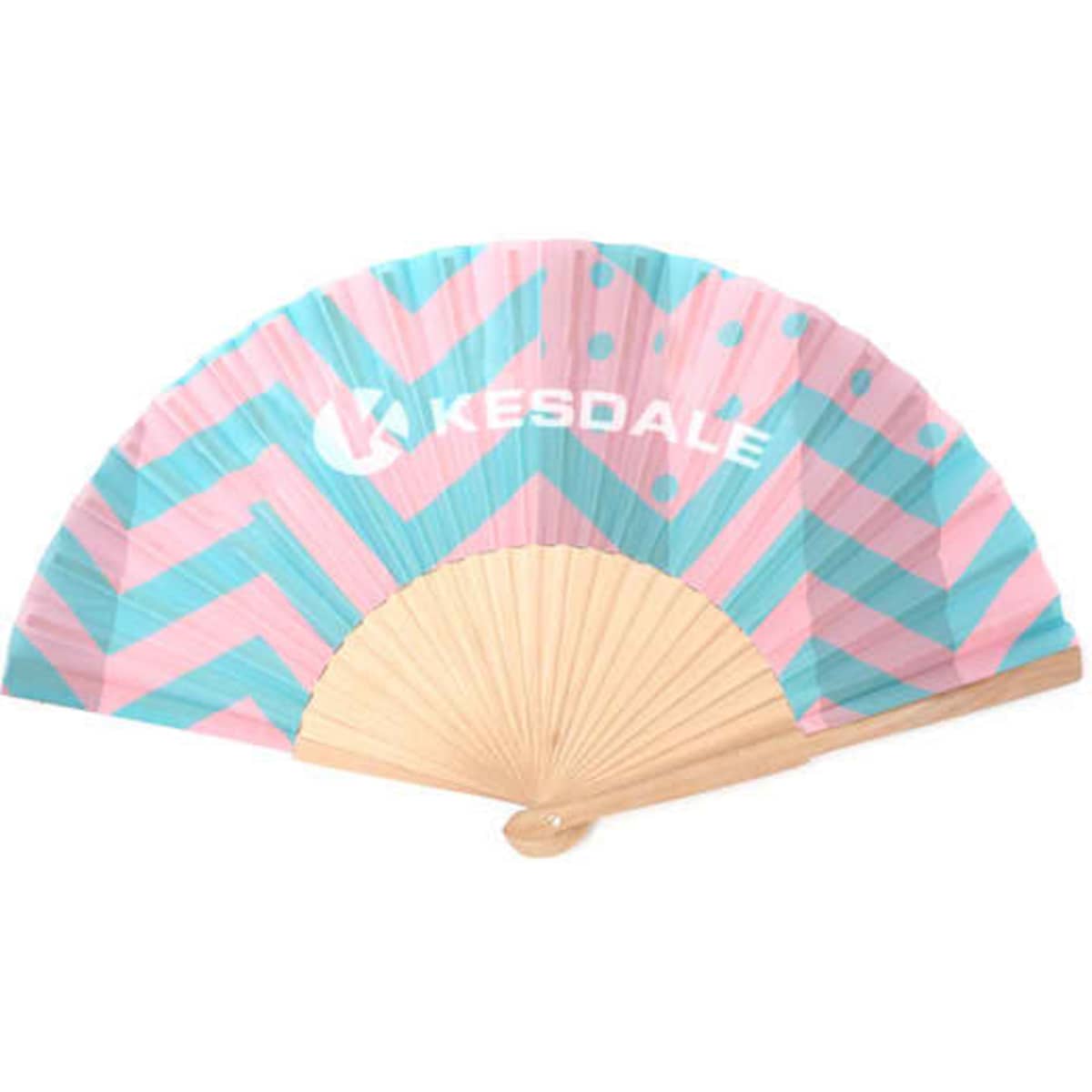 A wooden folding fan featuring a pink and blue zigzag pattern, with a logo on one side.