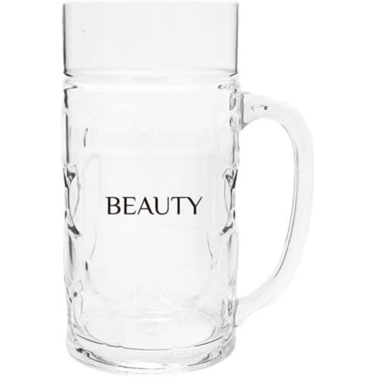 A clear 18 oz. PC plastic beer mug with a sturdy handle, featuring a logo on the front.