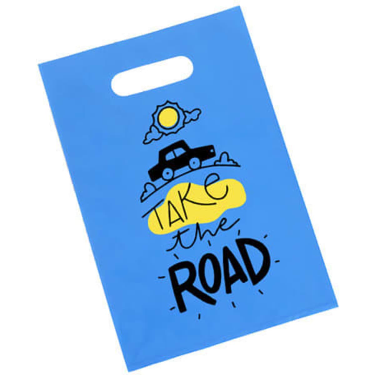 A blue die cut handle plastic bag featuring a design with a car, sun, and text illustration.