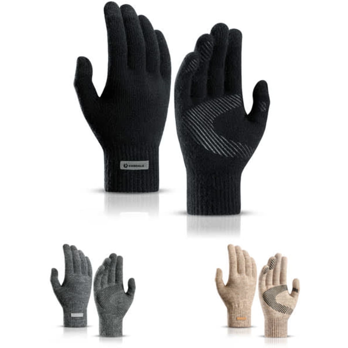 A pair of knitted gloves in black, grey, and beige, featuring a textured grip and a logo.