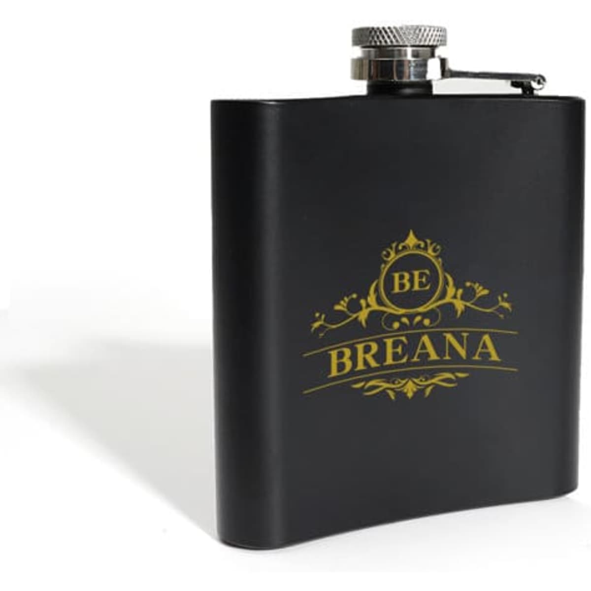 A black stainless steel hip flask with a silver screw top and a logo on the front.