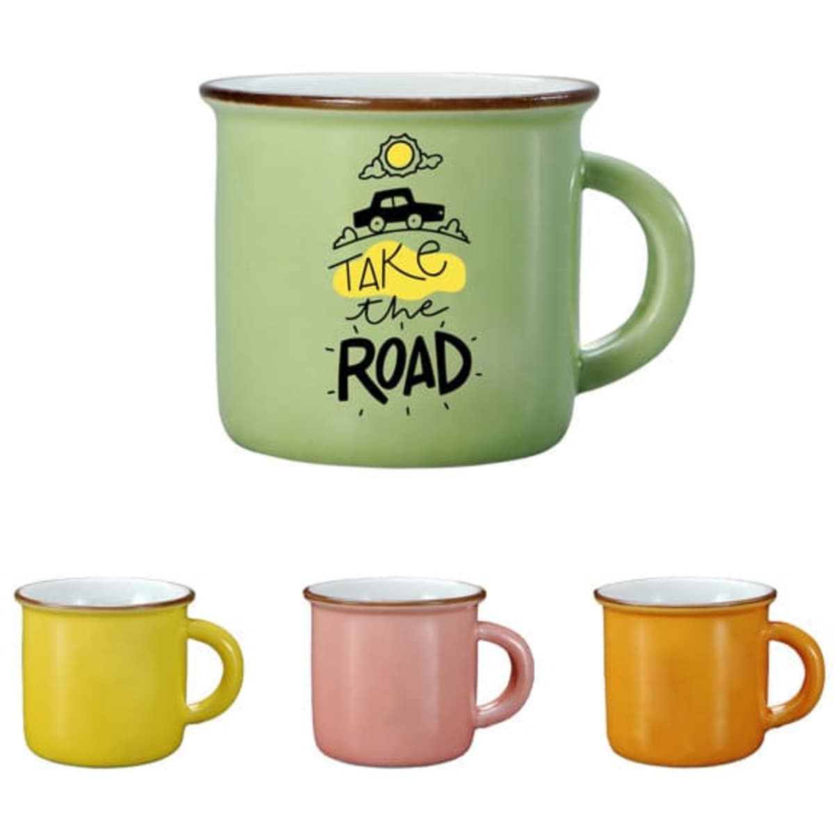 A 2 oz. ceramic campfire mug in green, with a printed design, surrounded by yellow, pink, and orange mugs.