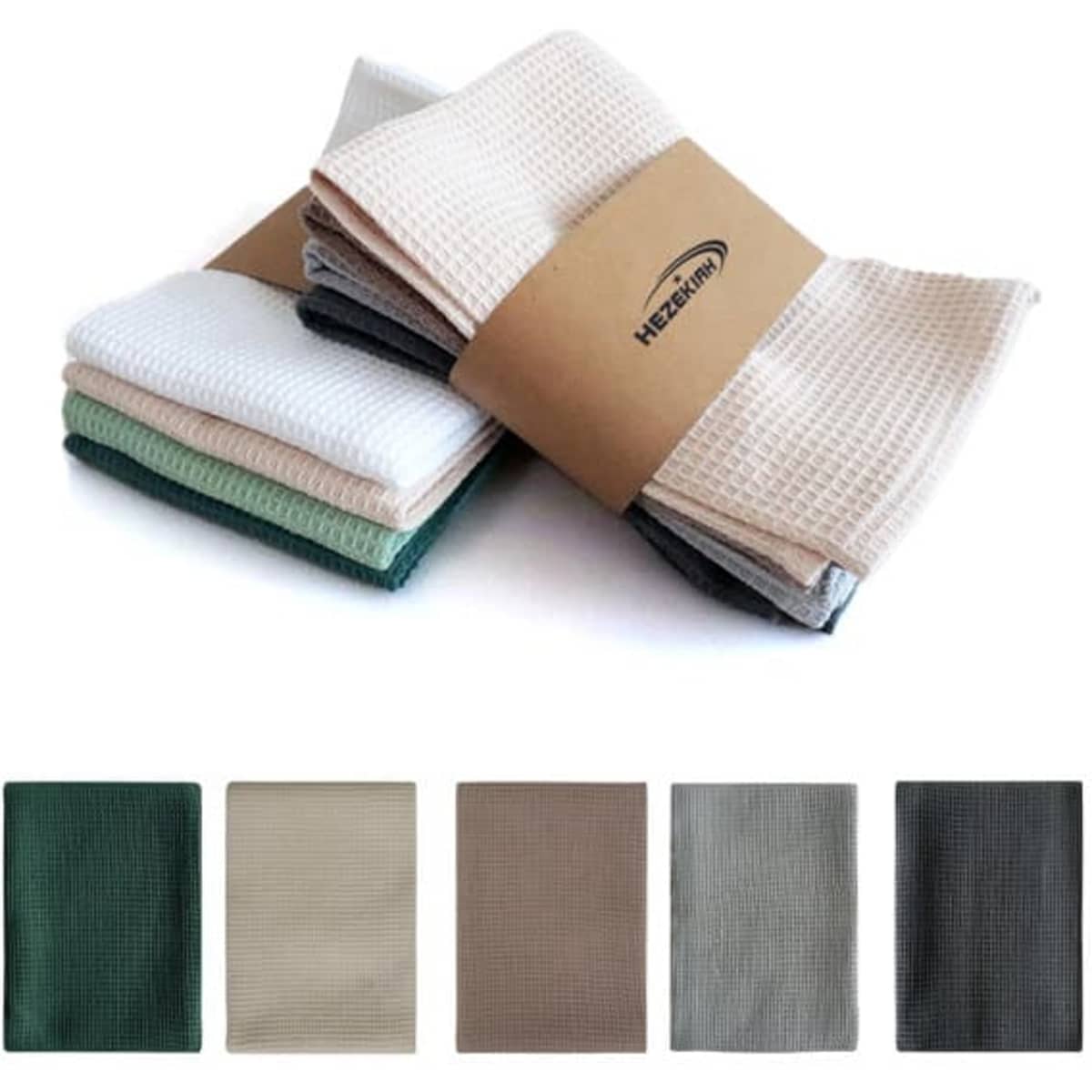 A set of cotton waffle absorbent kitchen cloths in various colours, stacked and wrapped with a branded band.