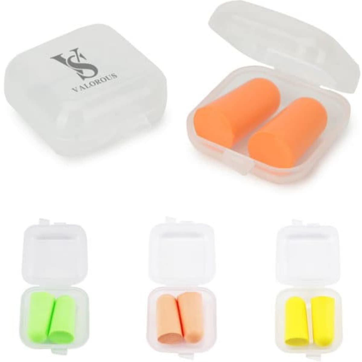 A plastic case containing two pairs of washable foam earplugs in orange and green, with one case featuring a logo.
