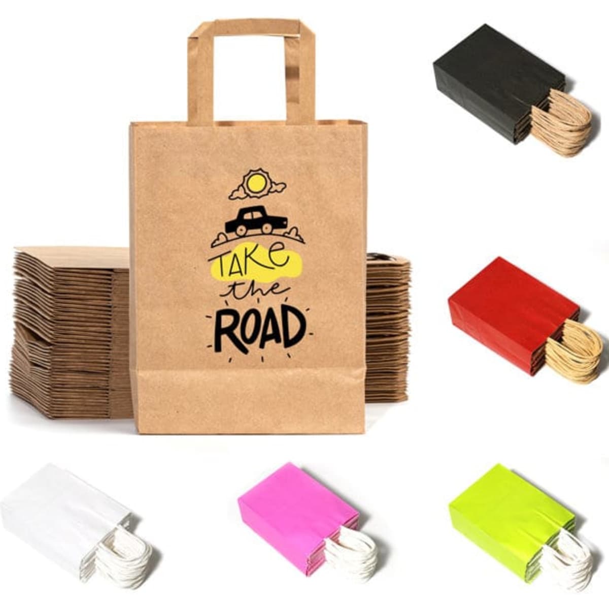 A kraft paper gift bag in brown with a logo, surrounded by smaller bags in black, red, white, pink, and green.