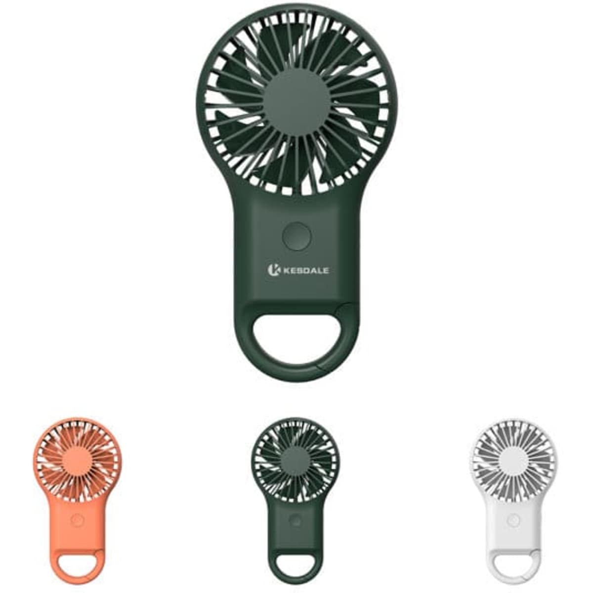 Mini rechargeable fan with carabiner, available in green, orange, and white. Features a logo on the front.