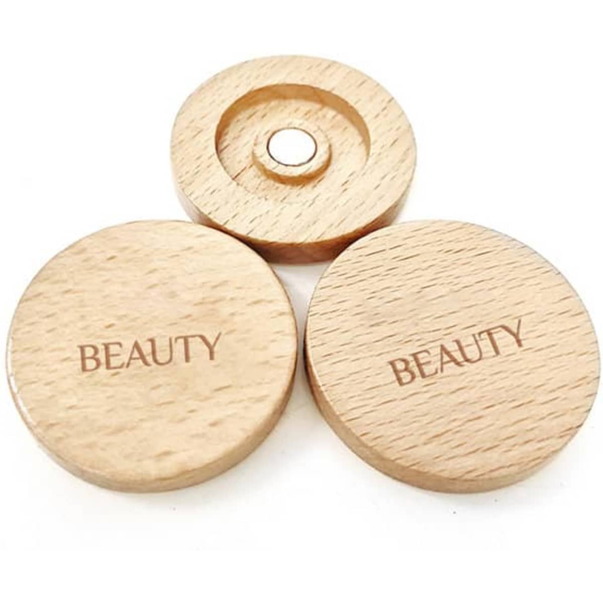 A set of three 20mm wooden golf ball markers, featuring a natural wood finish and a logo on the surface.