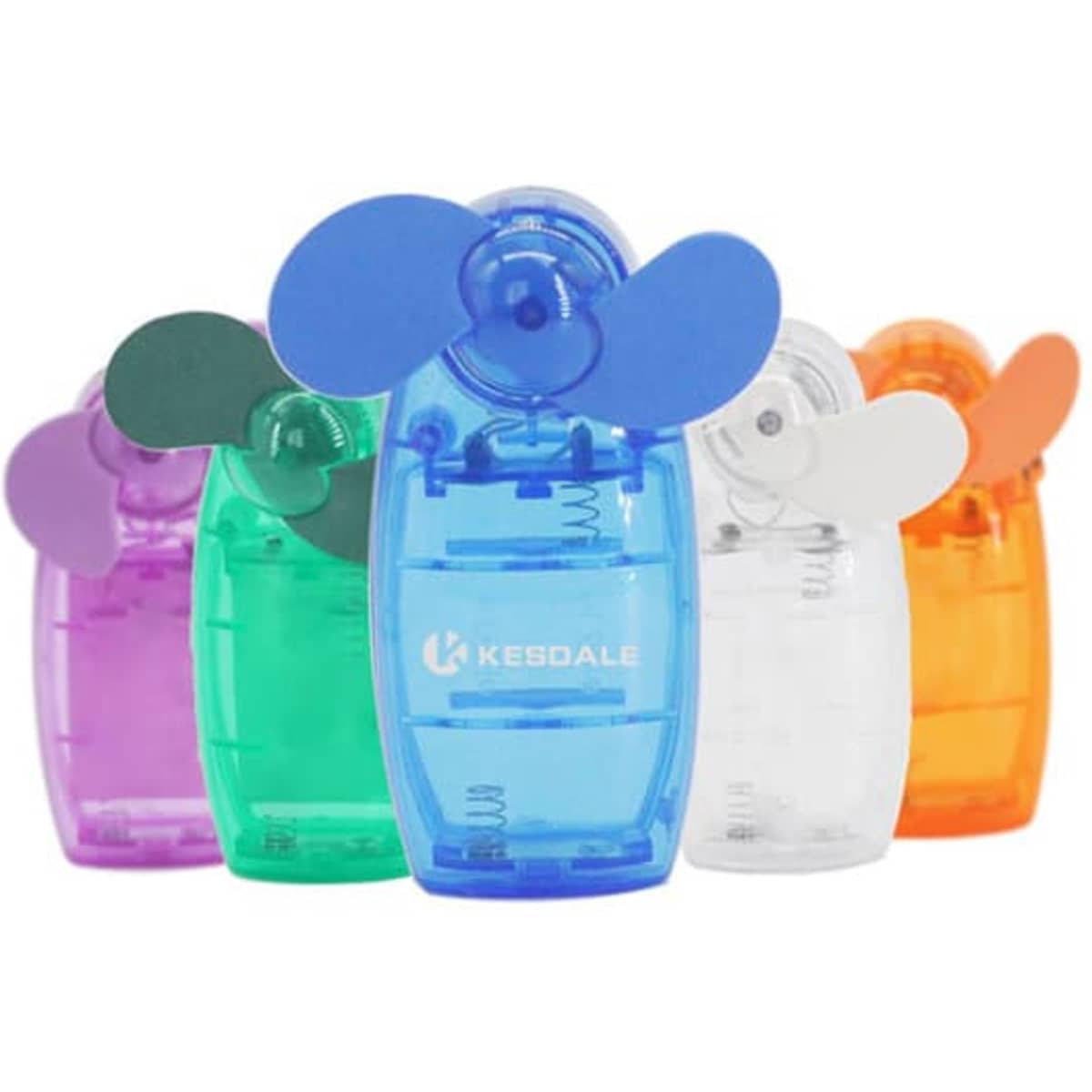 A collection of mini USB handheld fans in purple, blue, clear, and orange, featuring a small propeller design.