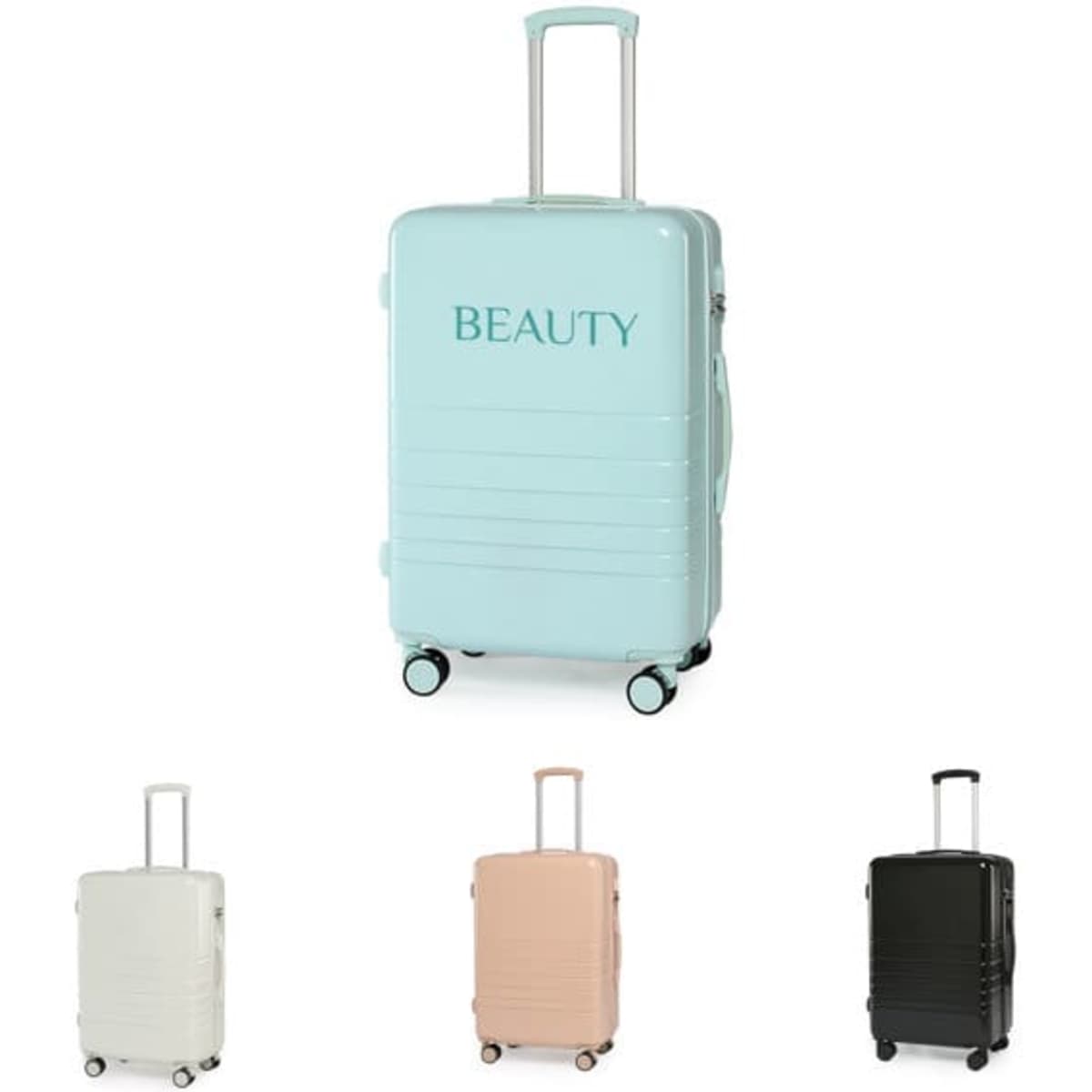 A large capacity suitcase in mint green with a logo, accompanied by white, rose gold, and black versions.