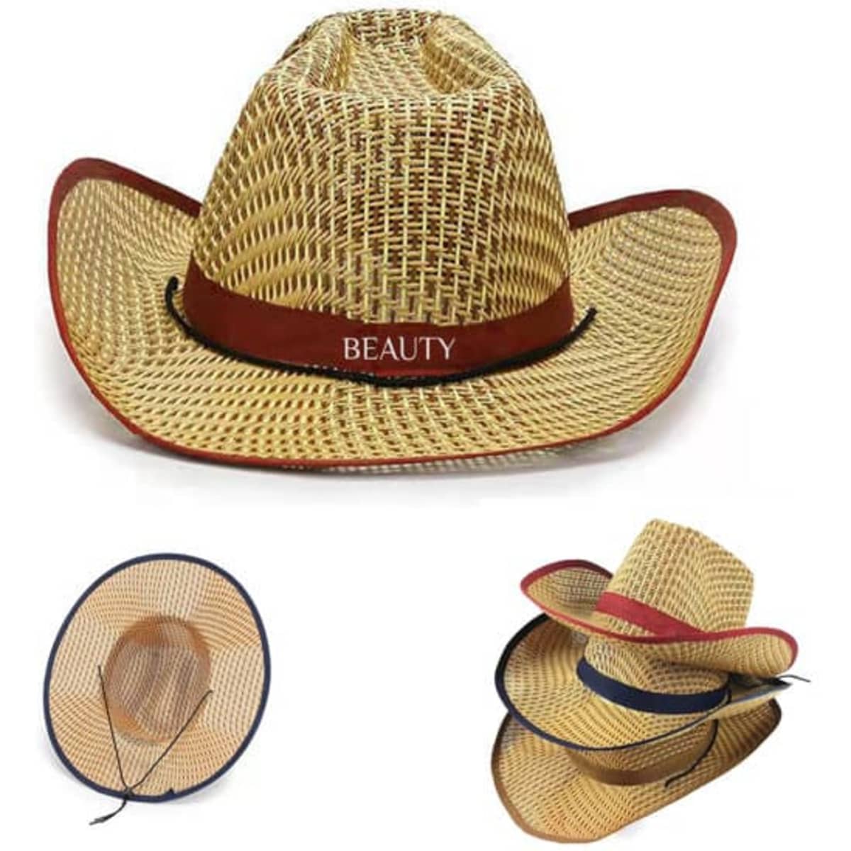 A straw cowboy hat in natural tones, featuring a red band, with additional hats stacked nearby.