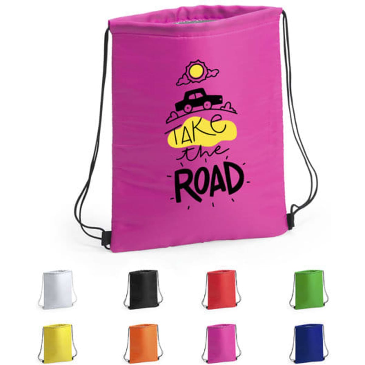 A pink drawstring cooler bag with a graphic design, featuring various other colour options below it.