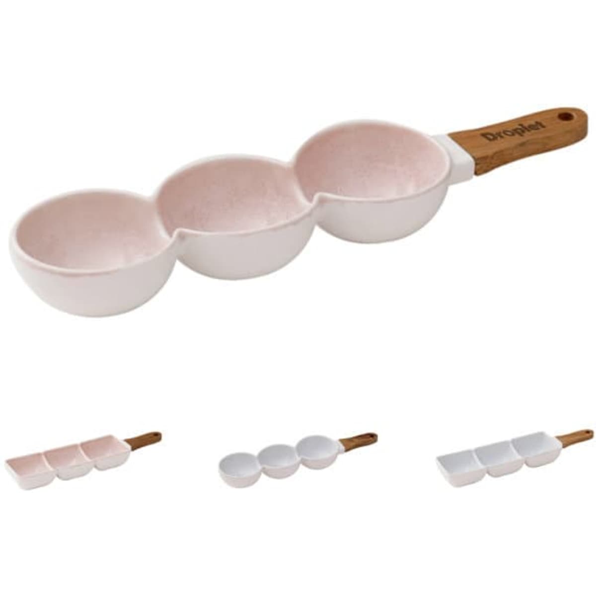 A pink and white handheld snack serving bowl with three compartments and a wooden handle. It features a branding logo.