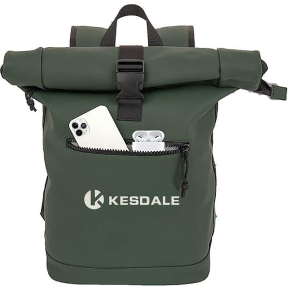 A green roll-up waterproof laptop backpack with a front pocket containing a smartphone and earbuds. It has a logo.