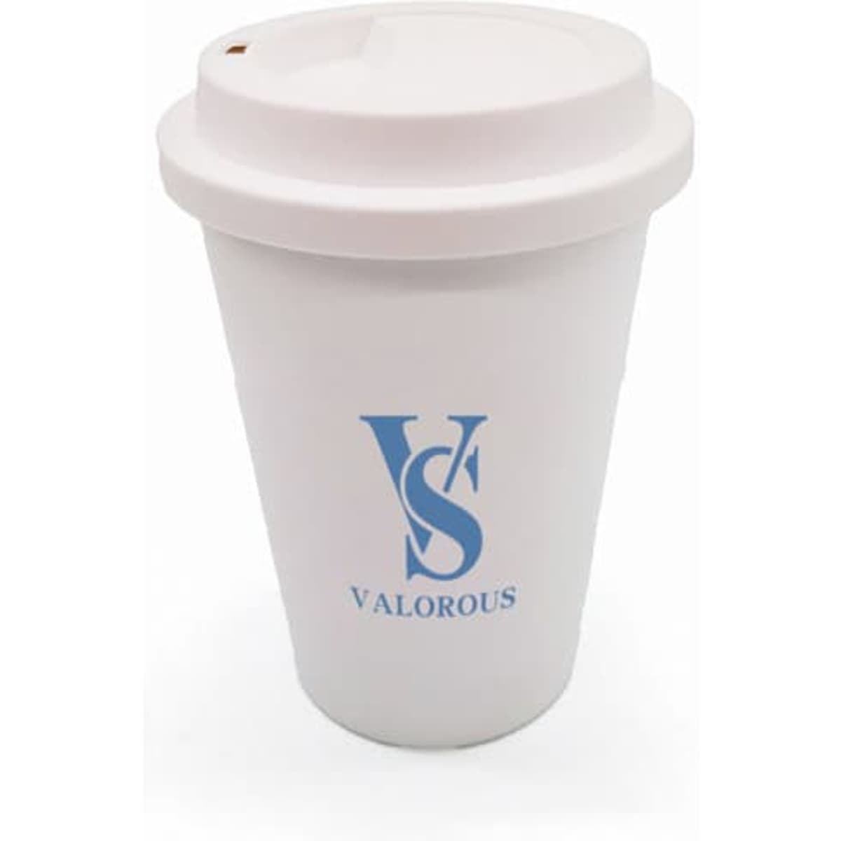 A coffee mug in white with a light blue logo, featuring a lid for easy sipping. Eco-friendly design.