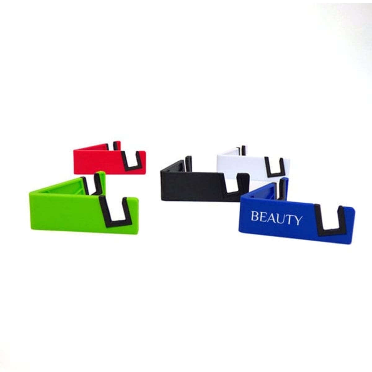 A V-shaped mobile phone holder in red, green, black, white, and blue, featuring various designs and a logo on one.