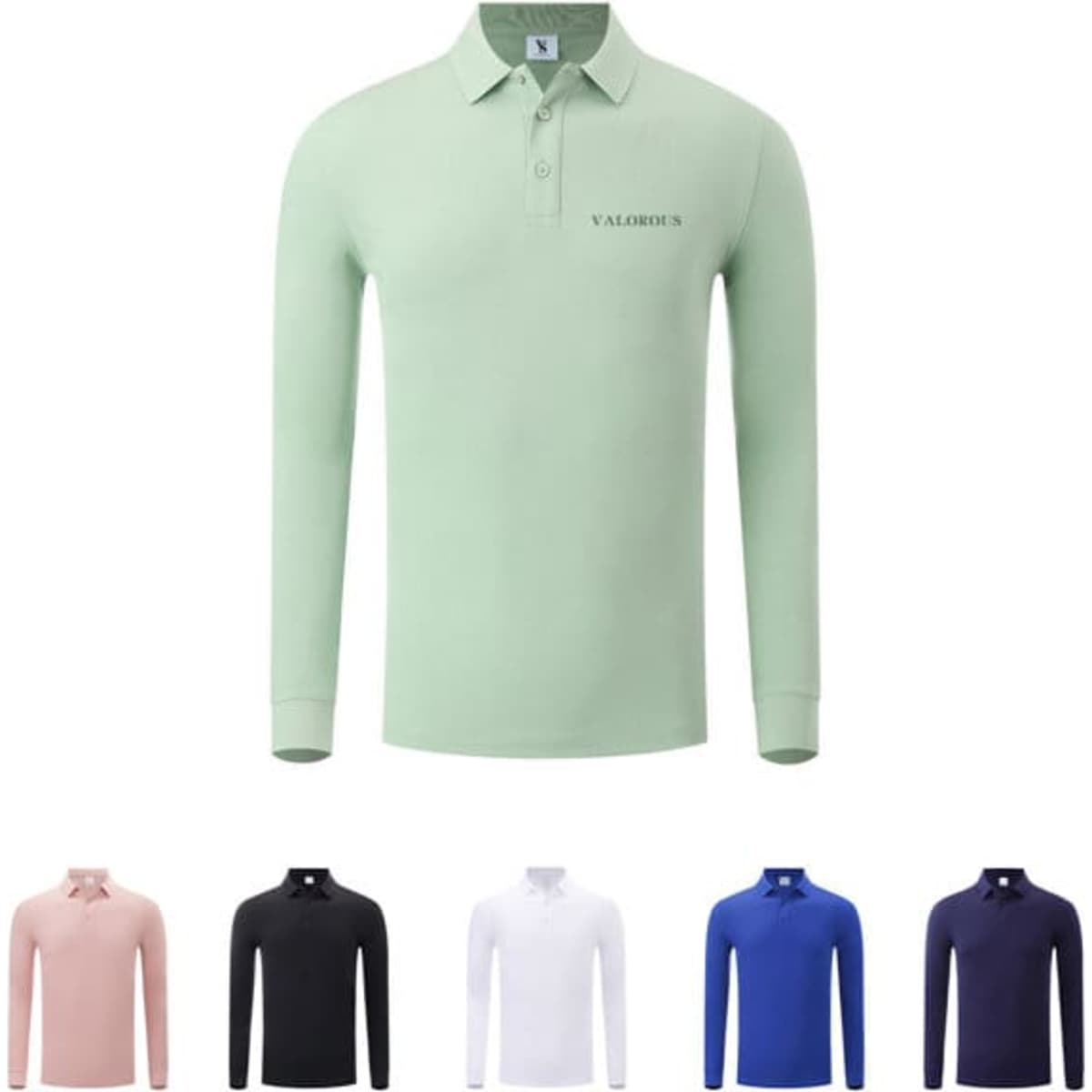 A premium long sleeve polo shirt in mint green, featuring a logo, with options in pink, black, white, blue, and navy below.