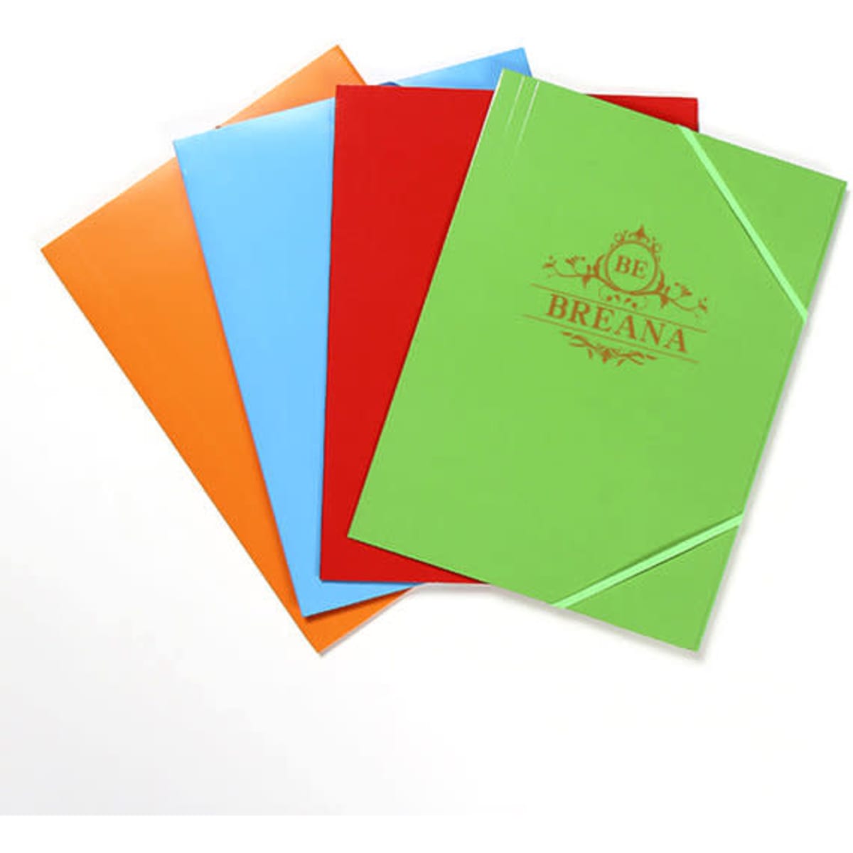 A set of four folders in orange, blue, red, and green, featuring elastic bands and a logo on the green folder.