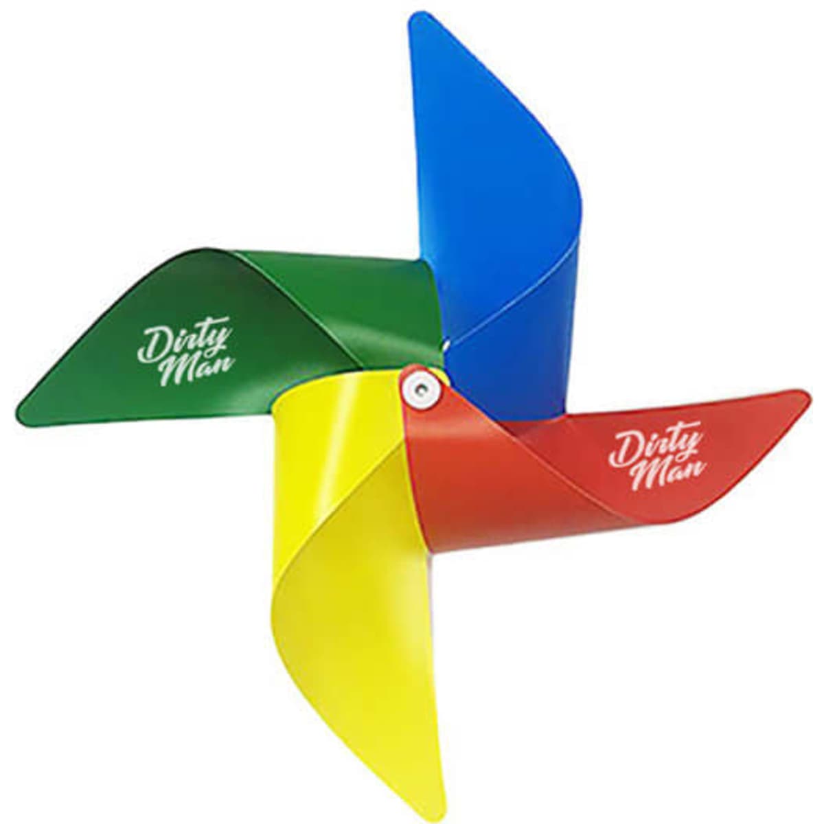 A colourful plastic windmill featuring blue, green, red, and yellow blades, with a logo on one side.