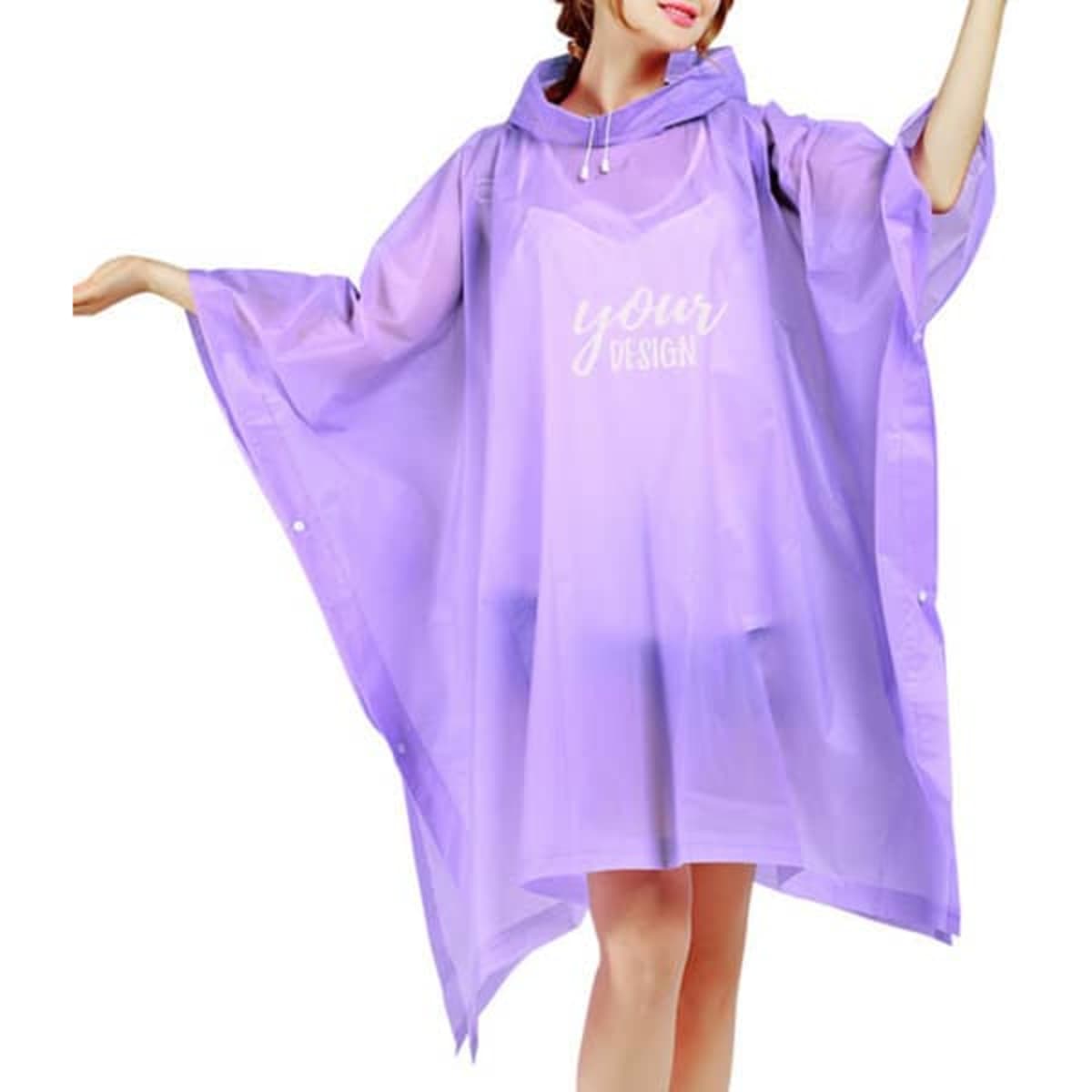 A lilac adult rain poncho with a hood, featuring a loose, flowing design and a logo.