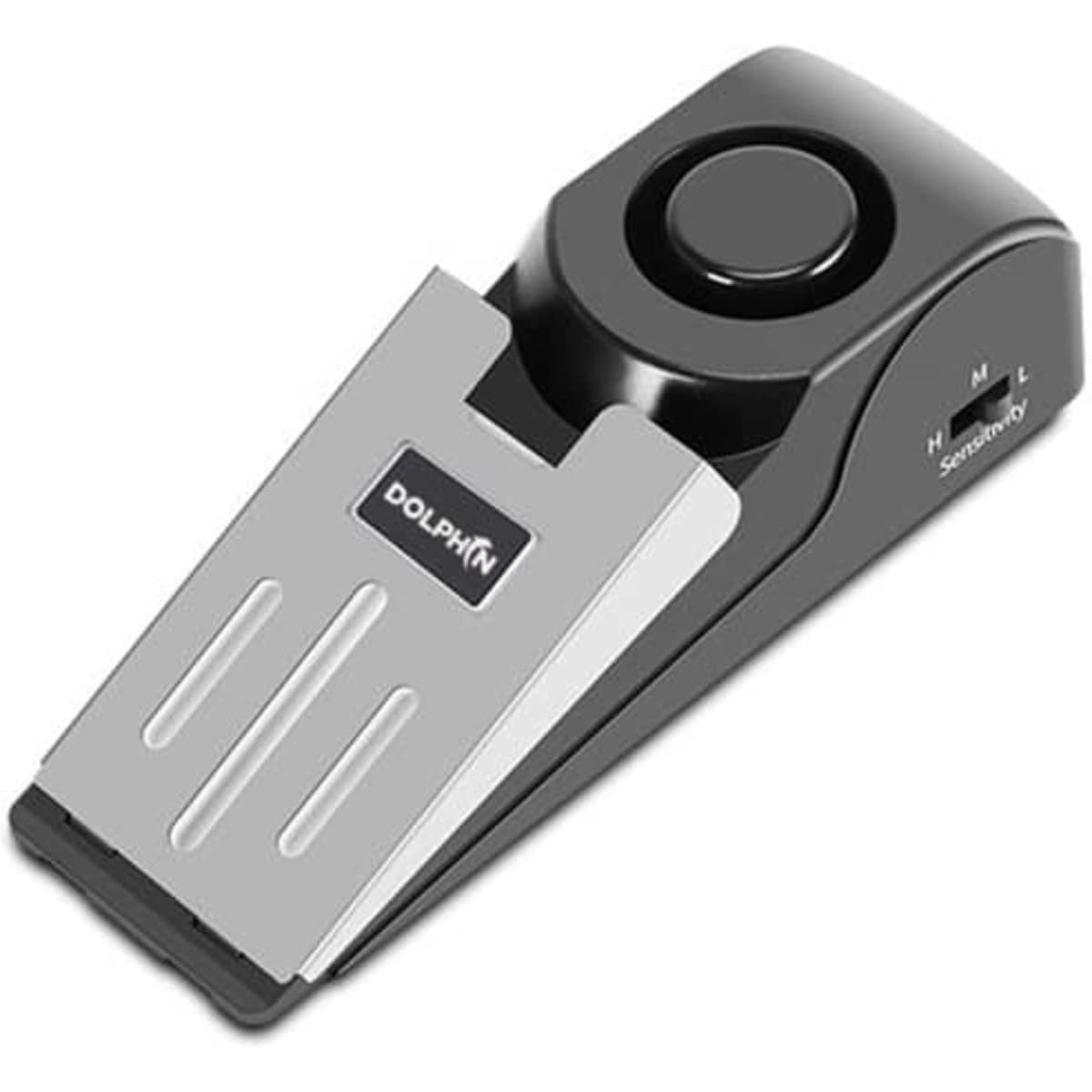 A black and silver door stop alarm with an adjustable sensitivity feature and a logo on the side.