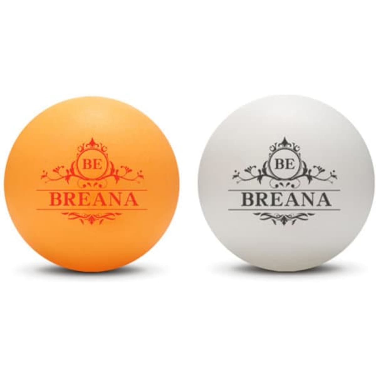 A set of two table tennis balls, one orange and one white, featuring a decorative logo.