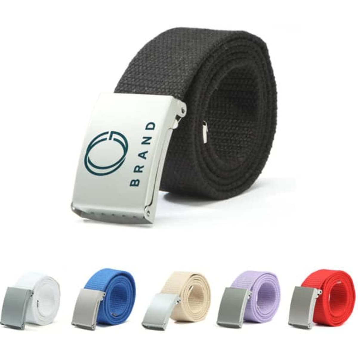 A unisex canvas belt in black with a silver buckle, alongside belts in white, blue, purple, beige, and red.
