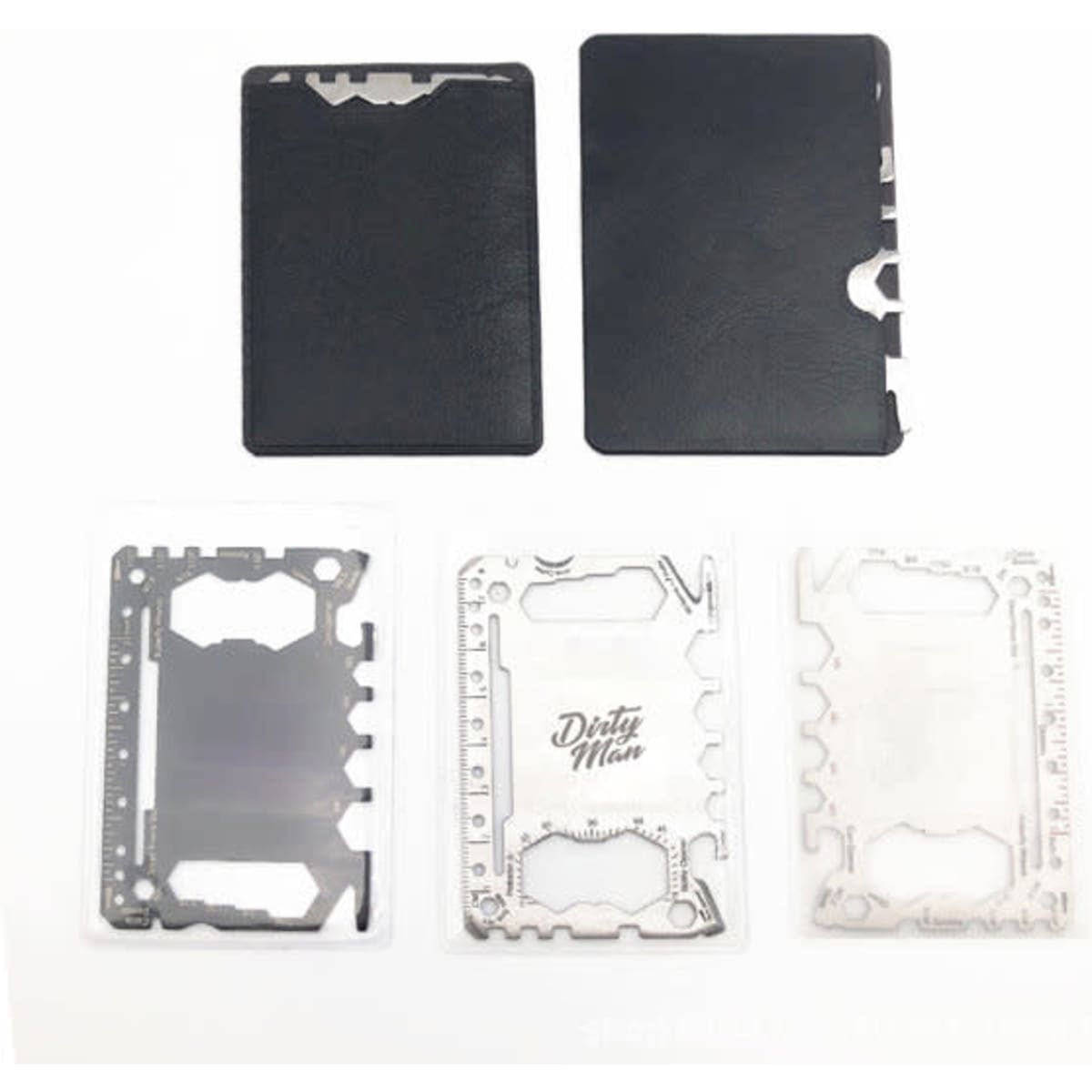 A multi-tool pocket survival credit card in silver and black, featuring multiple tools and a logo.