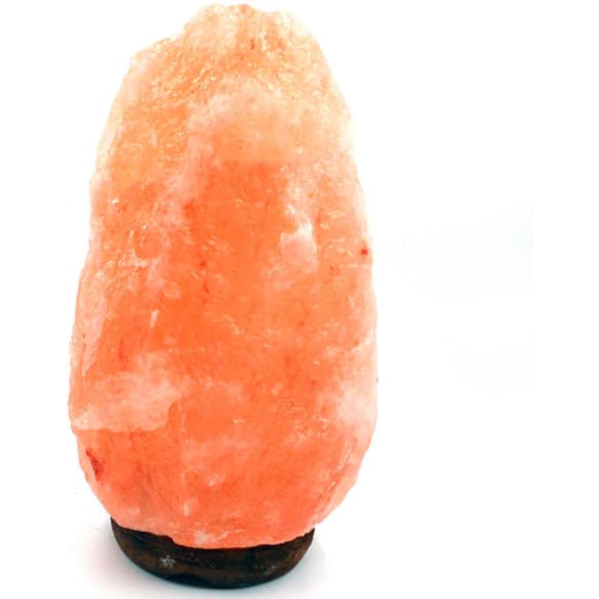 A pink Himalayan salt lamp with a wooden base, featuring a natural and organic shape.