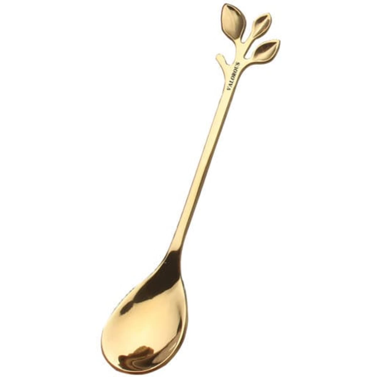 A gold stainless steel coffee spoon with a leaf design on the handle. Features a logo.