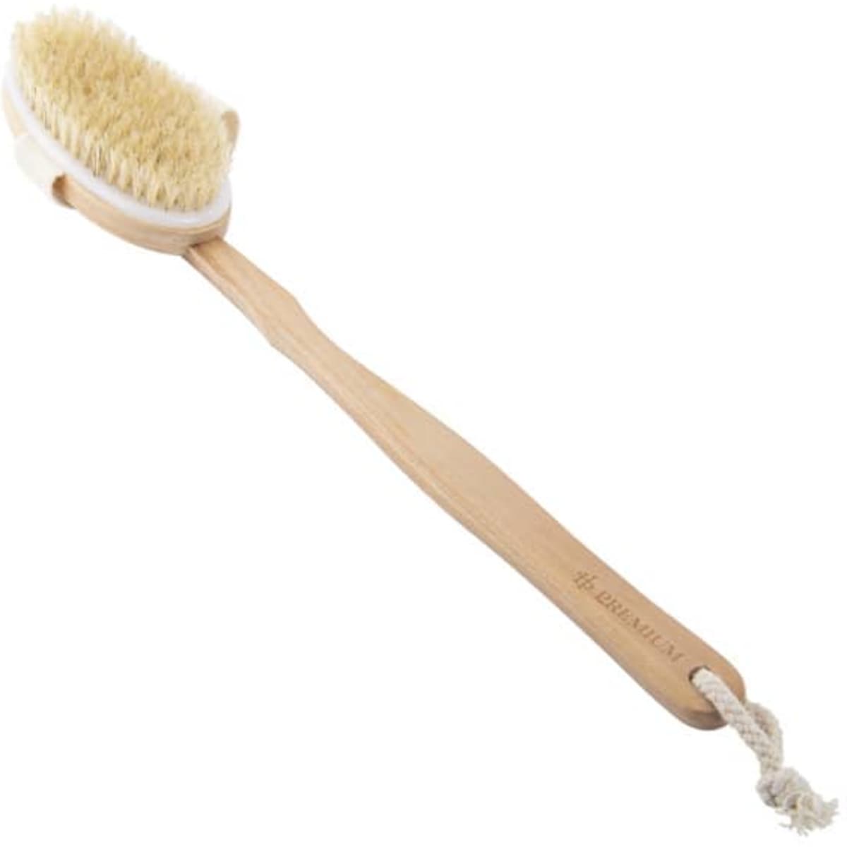 A detachable shower brush with a long wooden handle and natural bristles, featuring a hanging rope.