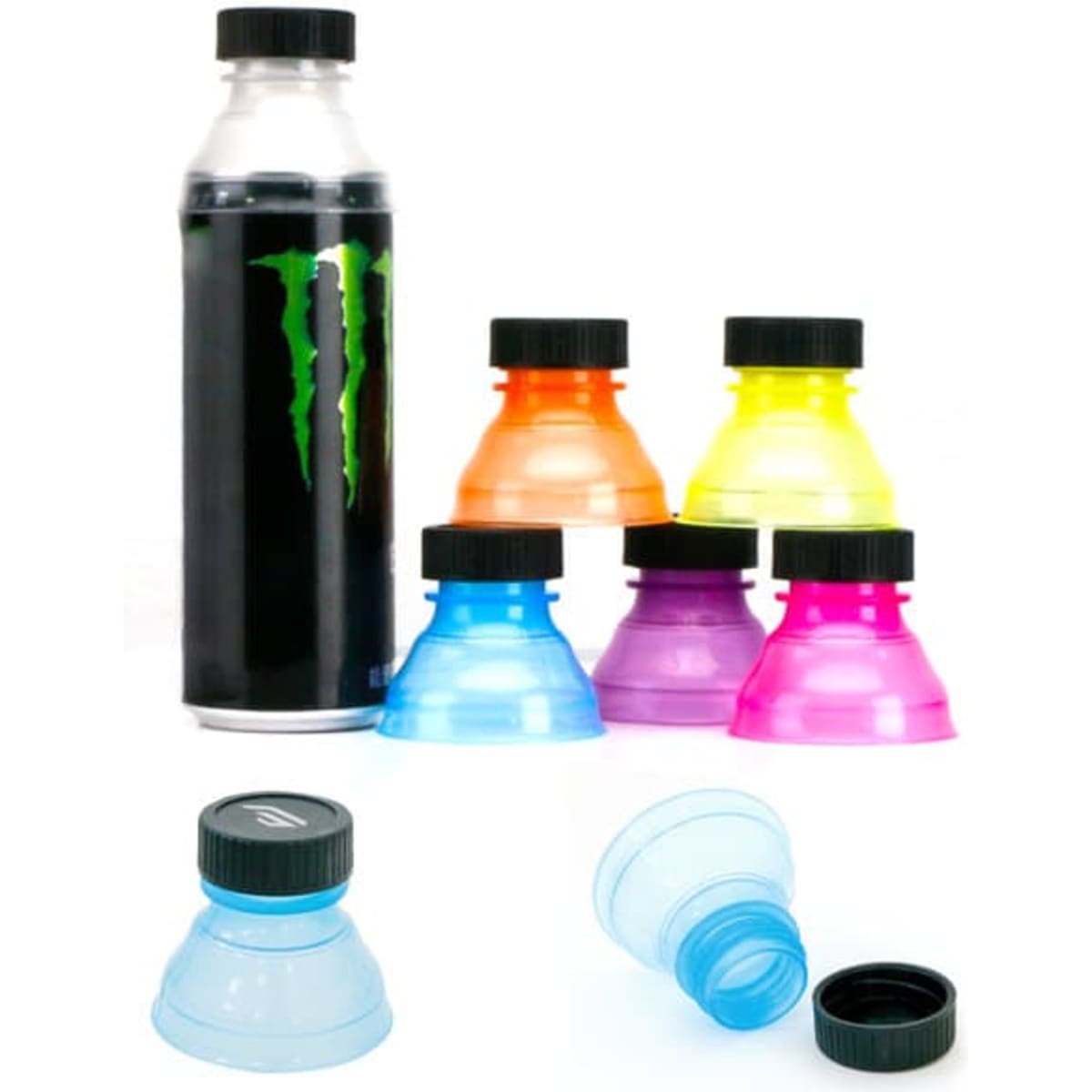 A drink bottle surrounded by multiple reusable soda can covers in blue, pink, purple, yellow, and orange, all with black caps.