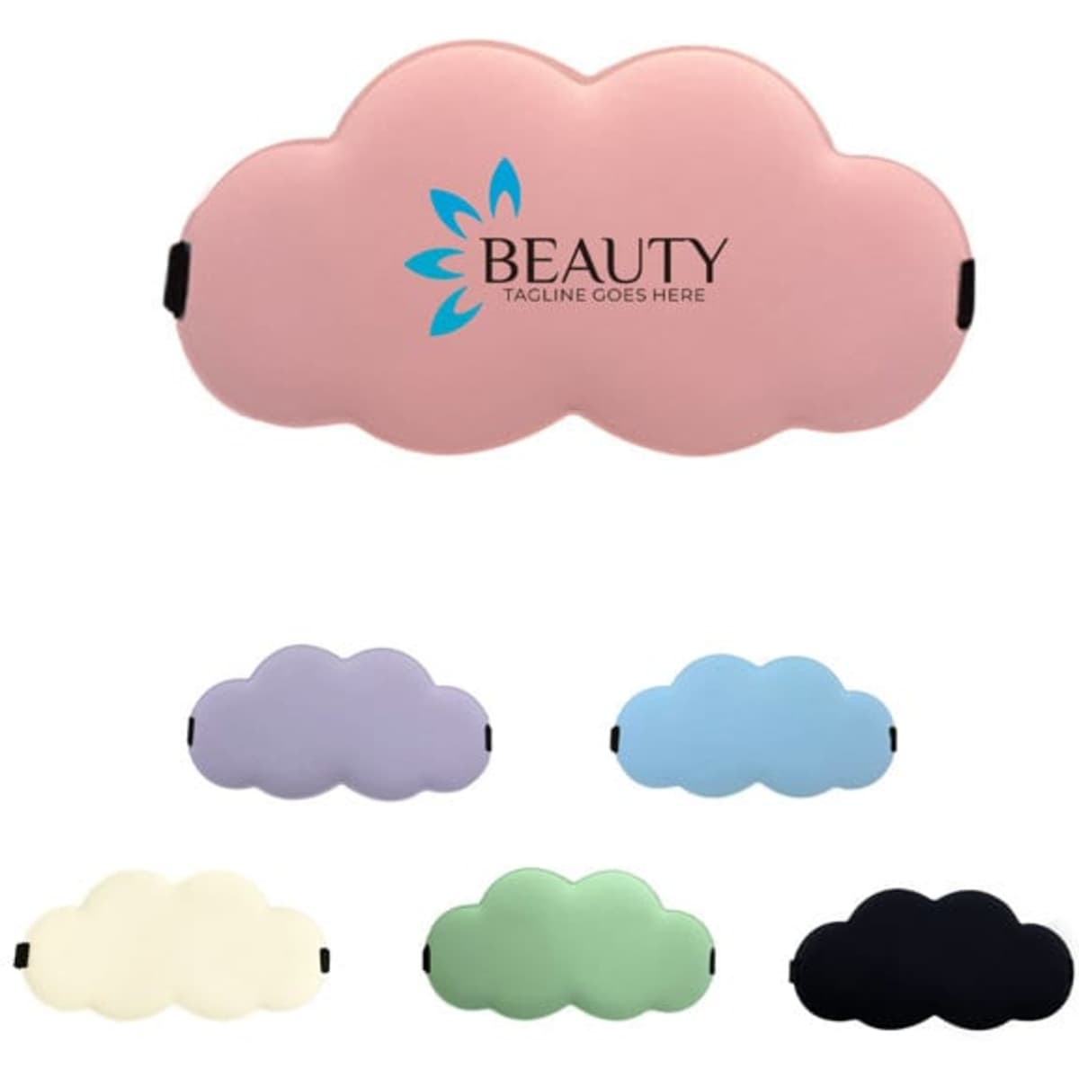 A cloud-shaped eye mask in pink, featuring a logo, accompanied by other colour options: lavender, blue, cream, green, and black.